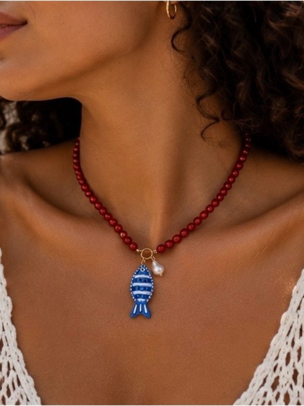 Santorini Coral Beaded Fish Necklace Mediterranean Luxury Coastal Jewelry